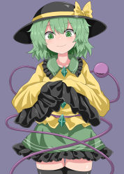 Rule 34 | 1girl, black hat, chups, collared shirt, eyeball, floral print, frilled shirt collar, frilled sleeves, frills, green eyes, green hair, green skirt, hat, hat ribbon, heart, heart of string, highres, komeiji koishi, long sleeves, ribbon, shirt, skirt, sleeves past fingers, sleeves past wrists, solo, third eye, touhou, wavy hair, wide sleeves, yellow ribbon, yellow shirt