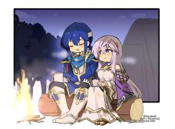 Rule 34 | blue hair, brother and sister, campfire, camping, drink, fire, fire emblem, fire emblem: genealogy of the holy war, forest, holding, holding drink, julia (fire emblem), log, nature, nintendo, purple eyes, purple hair, seliph (fire emblem), siblings, sitting on log, tent, yukia (firstaid0)