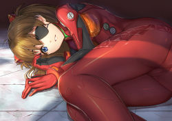 Rule 34 | 1girl, ass, black bodysuit, blue eyes, bodysuit, breasts, brown hair, cameltoe, commentary request, ebinomi, eyepatch, hair ornament, long hair, looking at viewer, lying, medium breasts, multicolored bodysuit, multicolored clothes, neon genesis evangelion, on side, parted lips, plugsuit, red bodysuit, smile, solo, souryuu asuka langley