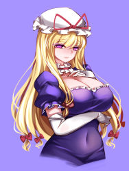 Rule 34 | 1girl, arm under breasts, blonde hair, blue background, blush, bow, breasts, cleavage, closed mouth, commentary request, covered navel, cropped torso, dress, elbow gloves, eyelashes, frown, furrowed brow, gloves, hair bow, hand on own chest, hat, hat ribbon, highres, large breasts, long hair, looking at viewer, mob cap, nose blush, puffy short sleeves, puffy sleeves, purple dress, purple eyes, raptor7, red bow, ribbon, short sleeves, simple background, solo, touhou, white gloves, white hat, yakumo yukari