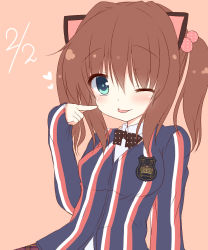 Rule 34 | 1girl, animal ears, aoki kaede, aoki momiji, blush, breasts, brown hair, cat ears, dated, green eyes, heart, highres, looking at viewer, one eye closed, original, short hair, simple background, smile, solo, striped, suzunone rena, tongue, tongue out, wink