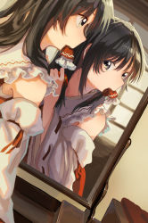 Rule 34 | 1girl, absurdres, bare shoulders, black eyes, black hair, brushing hair, comb, commentary request, detached sleeves, dutch angle, hair tubes removed, hakurei reimu, highres, long hair, looking at mirror, matsukuzu, mirror, mouth hold, ribbon-trimmed sleeves, ribbon trim, shirt, solo, touhou, upper body, white shirt, white sleeves