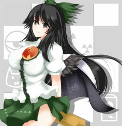 Rule 34 | 1girl, arm cannon, black hair, bow, breasts, cape, circussion, female focus, grey eyes, hair bow, large breasts, long hair, red eyes, reiuji utsuho, solo, third eye, touhou, weapon, wings