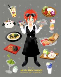 Rule 34 | 1boy, alternate costume, apron, black apron, black footwear, black pants, black vest, bright pupils, burger, cait sith (ff7), collared shirt, commentary request, cup, dress shirt, drink, drinking glass, english text, facial mark, final fantasy, final fantasy vii, final fantasy vii rebirth, final fantasy vii remake, flower, food, french fries, full body, goggles, goggles on head, green eyes, grey background, hands up, highres, holding, holding megaphone, holding tray, ice, ice cube, looking at viewer, male focus, megaphone, moogle, open mouth, pants, partially unbuttoned, pasta, plate, purple flower, red hair, reno (ff7), rice, sabotender, shirt, shoes, short hair, smile, solo, spiked hair, teacup, tomoberry, tray, twitter username, vest, waist apron, waiter, white shirt, wine glass