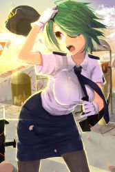 Rule 34 | 1girl, :o, bad id, bad pixiv id, belted, belted dress, bent over, black pantyhose, bladed tonfa, breasts, clasped dress, collared shirt, dress, dress shirt, eyepatch, female focus, gloves, green hair, hair over one eye, hand on own head, hat, unworn hat, unworn headwear, large breasts, leaning forward, looking away, looking to the side, magister, miniskirt, necktie, open mouth, otonashi kiruko, outdoors, pantyhose, pencil skirt, petals, police, police uniform, policewoman, revision, road, shinmai fukei kiruko-san, shirt, short hair, short sleeves, skirt, sky, solo, sunlight, tight clothes, tight dress, tonfa, trash can, uniform, weapon, white gloves, white shirt, wind, wind lift, yellow eyes