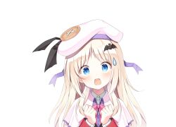 Rule 34 | 1girl, bat hair ornament, beret, black ribbon, blue eyes, bow, cape, clenched hands, close-up, commentary request, fang, frown, hair ornament, hands up, haruchimo, hat, hat ribbon, light brown hair, little busters!, little busters! school uniform, long hair, looking at viewer, noumi kudryavka, open mouth, parted bangs, pink bow, ribbon, school uniform, sidelocks, simple background, solo, straight hair, surprised, sweatdrop, tareme, white background, white cape, white headwear, wide-eyed