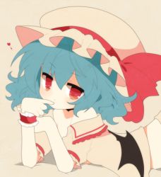 Rule 34 | 1girl, bad id, bad pixiv id, bat wings, blue hair, female focus, haru (kyou), hat, hat ribbon, heart, looking at viewer, lying, off shoulder, on stomach, red eyes, remilia scarlet, ribbon, shirt, solo, touhou, wings, wrist ribbon