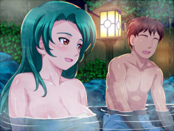 Rule 34 | 1boy, 1girl, bare shoulders, blush, boulder, breasts, brown hair, bush, cleavage, collarbone, green hair, large breasts, long hair, night, nude, open mouth, orange eyes, plant, potato house, red eyes, rock, shiny skin, sitting, smile, stone, tongue, towel, water, wet, zantei