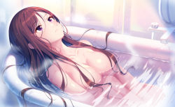 Rule 34 | 1girl, bath, bathing, bathtub, blush, breasts, brown hair, collarbone, completely nude, convenient censoring, expressionless, hair censor, hair flowing over, hair spread out, highres, indoors, kagami (galgamesion), long hair, looking away, looking up, lying, medium breasts, nude, on back, original, parted bangs, partially submerged, purple eyes, revision, shiny skin, solo, steam, v arms, water, wet