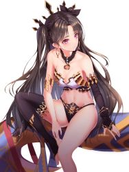 Rule 34 | 1girl, absurdres, apraxia, bad id, bad pixiv id, black bow, black hair, black panties, black thighhighs, bow, breasts, cleavage, closed mouth, collarbone, cowboy shot, earrings, expressionless, fate/grand order, fate (series), hair bow, heavenly boat maanna, highres, hoop earrings, ishtar (fate), jewelry, long hair, looking away, medium breasts, panties, pink eyes, simple background, single thighhigh, sitting, solo, thighhighs, two side up, underwear, white background