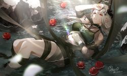 Rule 34 | 1girl, apple, arknights, bikini, black bikini, black collar, breasts, cleavage, collar, demon horns, feet out of frame, food, fruit, grey hair, hair ornament, hair spread out, highres, horns, infection monitor (arknights), jewelry, long hair, lying, material growth, medium breasts, milluun, mudrock (arknights), mudrock (silent night) (arknights), necklace, official alternate costume, on back, oripathy lesion (arknights), parted lips, red eyes, rock, signature, solo, swimsuit, water