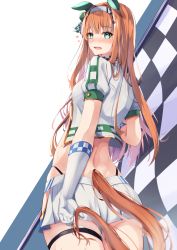 Rule 34 | 1girl, @ @, absurdres, animal ears, blue eyes, blush, commentary request, flag, from behind, gloves, hairband, highres, horse ears, horse girl, horse tail, jacket, long hair, looking at viewer, nayuta0603, open mouth, orange hair, panties, race queen, short sleeves, side-tie panties, silence suzuka (umamusume), skirt, solo, tail, thigh strap, thighs, umamusume, underwear, white gloves, white hairband, white jacket, white skirt