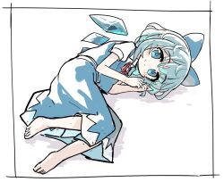 Rule 34 | 1girl, barefoot, blue bow, blue eyes, blue hair, blue skirt, blue vest, blush, bow, cirno, closed mouth, detached wings, fairy, full body, hair bow, ice, ice wings, kibisake, looking at viewer, shirt, short hair, short sleeves, sketch, skirt, smile, solo, touhou, vest, white shirt, wings