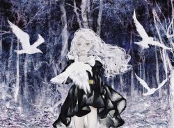 Rule 34 | 1girl, arm at side, bare tree, bird, black dress, dress, forest, grey eyes, highres, long hair, nature, original, outdoors, parted lips, shirone (coxo ii), solo, tree, wavy hair, white hair