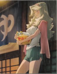 Rule 34 | 10s, 1girl, absurdres, bandaged arm, bandages, bathhouse, blonde hair, bones (company), cowboy shot, hairband, highres, honey (space dandy), jacket, jacket on shoulders, lipstick, long hair, makeup, official art, outdoors, pink eyes, pink lips, qt (space dandy), rain, shirt, solo, space dandy, standing, t-shirt, wet, wet hair