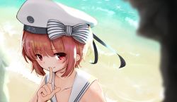 Rule 34 | 10s, 1girl, beach, beret, bikini, bow, clothes writing, day, hat, highres, index finger raised, kamome donburi, kantai collection, red eyes, red hair, sailor collar, sand, short hair, solo, striped, striped bow, swimsuit, white bikini, white hat, z3 max schultz (kancolle)