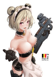 Rule 34 | 1girl, ammunition, apron, armor-piercing ammunition, bandeau, belgian flag, belgium, bikini, black gloves, breasts, bullet, bullpup, chaciooh, choker, cleavage, collarbone, dress, fn 5.7x28mm, fn herstal, girls&#039; frontline, gloves, grey hair, gun, hair ornament, highres, horizontal magazine, looking at viewer, maid, maid apron, maid bikini, maid headdress, open clothes, open mouth, p90, p90 (girls&#039; frontline), pdw cartridge, personal defense weapon, pmc, private military company, purple eyes, revealing clothes, see-through, short hair, solo, submachine gun, supersonic ammunition, swimsuit, translucent, unconventional maid, weapon, white background