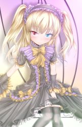 Rule 34 | 10s, 1girl, black thighhighs, blonde hair, blue eyes, blush, boku wa tomodachi ga sukunai, bow, detached sleeves, dress, face, hairband, halloween, hasegawa kobato, heterochromia, highres, lolita hairband, long hair, looking at viewer, red eyes, smile, solo, thighhighs, twintails, two side up, wingheart