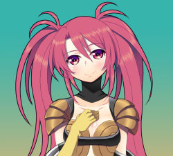 Rule 34 | 1girl, aqua background, blush, breasts, choker, cleavage, elbow gloves, gloves, long hair, nanaly fletch, purple eyes, red hair, smile, tales of (series), tales of destiny 2, tears, twintails