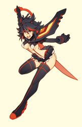 Rule 34 | 1girl, :d, arm behind back, artist name, black hair, black thighhighs, blue eyes, blush, breasts, gloves, hair between eyes, highres, kill la kill, large breasts, leaning forward, looking at viewer, matoi ryuuko, medium breasts, microskirt, multicolored hair, open mouth, oxcoxa, red hair, red thighhighs, revealing clothes, scissor blade (kill la kill), short hair, skirt, smile, solo, streaked hair, suspenders, teeth, thighhighs, two-tone hair, two-tone thighhighs, underboob, upper teeth only, weapon