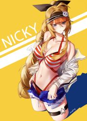 Rule 34 | 1girl, absurdres, ahoge, bb aa, bikini, black ribbon, black survival, blonde hair, blue eyes, blue shorts, blush, breasts, character name, cleavage, closed mouth, collarbone, cropped legs, eternal return: black survival, fur-trimmed shorts, fur trim, hair between eyes, hair ribbon, highres, jacket, large breasts, long hair, long sleeves, looking to the side, multi-tied hair, navel, nicky blake, off shoulder, open fly, ribbon, shorts, solo, striped bikini, striped clothes, swimsuit, thigh strap, very long hair, visor cap, white jacket