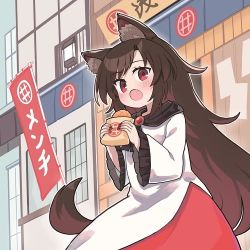 Rule 34 | 1girl, animal ear fluff, animal ears, baroguramura, brown eyes, building, dress, fang, flag, food, holding, holding food, imaizumi kagerou, long hair, looking at viewer, lowres, open mouth, outdoors, red dress, red eyes, solo, tail, touhou, two-tone dress, white dress, wolf ears, wolf girl, wolf tail