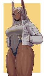 Rule 34 | 1girl, animal ears, artist name, boku no hero academia, breasts, closed mouth, dark-skinned female, dark skin, eyelashes, gud0c, hands in pockets, heattech leotard, highres, jacket, large breasts, leotard, long hair, mirko, muscular, muscular female, parted bangs, rabbit ears, red eyes, solo, thick thighs, thighs, turtleneck, white jacket