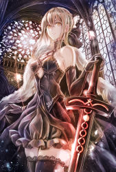 Rule 34 | 1girl, artoria pendragon (all), artoria pendragon (fate), bare shoulders, black dress, black gloves, black ribbon, black thighhighs, blonde hair, braid, breasts, church, cowboy shot, dress, elbow gloves, excalibur morgan (fate), fate/grand order, fate/stay night, fate (series), fur trim, gloves, hair between eyes, hair ribbon, highres, holding, holding sword, holding weapon, indoors, jan (lightdragoon), lace, lace-trimmed legwear, lace trim, light particles, looking at viewer, medium breasts, parted lips, ribbon, saber (fate), saber alter, sidelocks, solo, stained glass, sword, thighhighs, weapon, yellow eyes