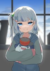 Rule 34 | 1girl, absurdres, alternate costume, backlighting, bloop (gawr gura), blue eyes, blue hair, closed mouth, cowboy shot, gawr gura, grey hair, hair ornament, highres, holding, hololive, hololive english, hood, hoodie, looking at viewer, multicolored hair, side ponytail, smile, snowmya, solo, standing, streaked hair, virtual youtuber, window