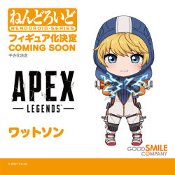 Rule 34 | 1girl, animification, apex legends, blonde hair, blue bodysuit, blue eyes, blue headwear, blush, bodysuit, character name, chibi, commentary, electricity, english commentary, eyebrows hidden by hair, facial scar, goodsmile company, hood, hooded jacket, jacket, logo, nendoroid, official art, orange jacket, ribbed bodysuit, scar, scar on cheek, scar on face, smile, solo, thigh strap, wattson (apex legends), white bodysuit