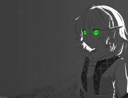Rule 34 | 1girl, absurdres, breasts, closed mouth, commentary request, expressionless, glowing, glowing eyes, green eyes, greyscale, highres, looking afar, mizuhashi parsee, monochrome, one-hour drawing challenge, pointy ears, scarf, shirt, short hair, small breasts, solo, spot color, touhou, upper body, ve1024