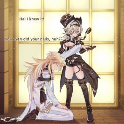 Rule 34 | 1boy, 1girl, blonde hair, boots, breasts, brown gloves, brown sleeves, cleavage, closed eyes, color request, commentary, english commentary, english text, gear hair ornament, gears, gloves, grabbing another&#039;s hair, grabbing another&#039;s hand, hair intakes, hat, height difference, honkai (series), honkai impact 3rd, index finger raised, kneeling, long sleeves, medium breasts, smile, sweatdrop, thigh boots, top hat, vill-v, void archives (honkai impact), wervus, yellow eyes