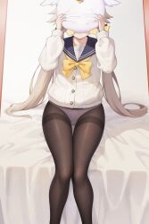 Rule 34 | 1girl, 3:, absurdres, bed sheet, black pantyhose, blue archive, brown cardigan, brown hair, cardigan, character doll, collarbone, commentary request, covering face, doll, embarrassed, hifumi (blue archive), highres, holding, holding doll, indoors, knees together feet apart, long hair, long sleeves, looking at viewer, low twintails, mirror, mirror image, on bed, panties, panties under pantyhose, pantyhose, peroro (blue archive), school uniform, serafuku, sidelocks, sitting, solo, twintails, underwear, wing hair ornament, zhong zi sheliu