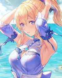 Rule 34 | 1girl, anbe yoshirou, armpits, arms up, bare shoulders, beach, belt, blonde hair, blue eyes, blue sky, bow, breasts, chain, cleavage, cleavage cutout, clothing cutout, detached sleeves, genshin impact, hair bow, high ponytail, highres, jean (genshin impact), jean (sea breeze dandelion) (genshin impact), large breasts, looking to the side, outdoors, parted lips, ponytail, rock, sand, shirt tucked in, shore, shorts, sidelocks, sky, smile, solo, thighs, water