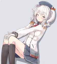 Rule 34 | black skirt, black socks, blue eyes, breasts, buttons, cropped legs, epaulettes, gloves, gluteal fold, grey background, heart, highres, jacket, kantai collection, kashima (kancolle), kneehighs, large breasts, long sleeves, looking at viewer, military jacket, miniskirt, neckerchief, pleated skirt, red neckerchief, ripu (lipi), sidelocks, silver hair, simple background, sitting, skirt, smile, socks, solo, tsurime, twintails, wavy hair, white gloves, white jacket