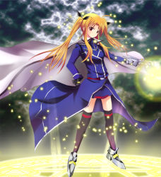 Rule 34 | 00s, adapted costume, blonde hair, cape, fate testarossa, fate testarossa (impulse form), gloves, long hair, lyrical nanoha, mahou shoujo lyrical nanoha, mahou shoujo lyrical nanoha strikers, ok-ray, red eyes, solo, thighhighs, twintails
