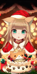 Rule 34 | 1girl, 40hara, :p, animal collar, animal ear fluff, animal ears, aqua eyes, blonde hair, blunt bangs, blurry, blush, bokeh, cake, candle, capelet, cat ears, christmas, christmas ornaments, close-up, collar, commentary request, cream, depth of field, food, food on face, hat, highres, kinako (40hara), long hair, looking at viewer, original, red capelet, red collar, santa costume, santa hat, sitting, solo, tongue, tongue out