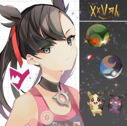 Rule 34 | 1girl, bare shoulders, black choker, black hair, breasts, choker, closed mouth, creatures (company), crystal, dusk ball, frown, game freak, gen 8 pokemon, green eyes, jacket, long hair, looking at viewer, marnie (pokemon), moon ball, morpeko, morpeko (full), morpeko (hangry), nintendo, o-ring, pointy hair, poke ball, poke ball theme, pokemon, pokemon (creature), pokemon swsh, red ribbon, ribbon, sleeveless, sparkle, upper body, yuhi (hssh 6)