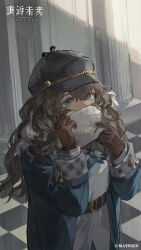 Rule 34 | 1girl, absurdres, adjusting scarf, blue coat, blue eyes, blue neckerchief, brown gloves, brown hair, cabbie hat, checkered floor, coat, column, copyright name, copyright notice, covered mouth, curly hair, gloves, grey hat, hands up, hat, highres, indoors, logo, long hair, long sleeves, looking ahead, marcus (reverse:1999), neckerchief, official art, official wallpaper, pillar, reverse:1999, scarf, scarf over mouth, solo, upper body, white scarf