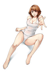 Rule 34 | 1girl, bad id, bad pixiv id, bare legs, bare shoulders, barefoot, blush, breasts, brown eyes, brown hair, feet, hanamura, large breasts, legs, one-piece swimsuit, one eye closed, original, outstretched arm, outstretched hand, school swimsuit, see-through, short hair, simple background, sitting, smile, solo, swimsuit, white one-piece swimsuit, white school swimsuit, wink