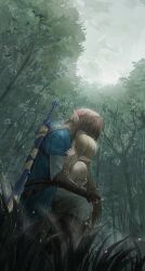 1boy 1girl artist_request dutch_angle fingerless_gloves forest gloves hug link nature nintendo pointy_ears princess_zelda rain sword sword_behind_back the_legend_of_zelda the_legend_of_zelda:_breath_of_the_wild weapon