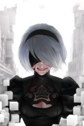 Rule 34 | 1girl, black dress, blindfold, blood, blood drip, blood on face, blood on clothes, blurry, blurry foreground, breasts, cleavage cutout, clothing cutout, covered eyes, crying, depth of field, dress, facing viewer, highres, medium breasts, nier (series), nier:automata, nikusenpai, puffy sleeves, short hair, silver hair, solo, tears, third-party edit, turtleneck, upper body, white background, wince, 2b (nier:automata)