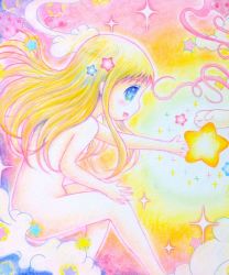 Rule 34 | 1girl, blonde hair, blue eyes, cloud, leica, nude, powara-chan, star (symbol)