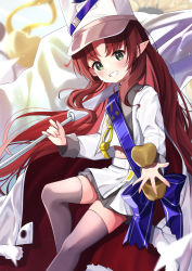 Rule 34 | 1girl, apple, arknights, blush, brown hair, cloak, commentary request, feet out of frame, flag, food, fruit, fur-trimmed cloak, fur trim, green eyes, grey thighhighs, grin, hat, highres, holding, holding flag, jacket, long hair, long sleeves, looking at viewer, midriff peek, myrtle (arknights), navel, parted bangs, peaked cap, pointy ears, skirt, smile, solo, syurimp, thighhighs, very long hair, white cloak, white flag, white hat, white jacket, white skirt