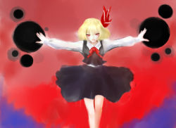 Rule 34 | 1girl, blonde hair, dress shirt, eyelashes, faux traditional media, female focus, hair ribbon, highres, light smile, lips, long sleeves, looking at viewer, malsans, open hands, outstretched arms, parted lips, red background, red eyes, ribbon, rumia, shirt, short hair, skirt, solo, spread arms, touhou, vest