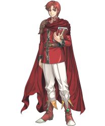 Rule 34 | 1boy, amiba (nerdamiba), azelle (fire emblem), book, cape, coat, fire emblem, fire emblem: genealogy of the holy war, fire emblem heroes, full body, highres, holding, holding book, looking at viewer, male focus, nintendo, pants, red cape, red coat, red eyes, red footwear, red hair, solo, transparent background, white pants
