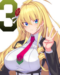 Rule 34 | 1girl, ahoge, black jacket, blonde hair, blue eyes, breasts, closed mouth, collared shirt, dress shirt, drill hair, flower, frown, hair flower, hair ornament, hand on own hip, hand up, highres, huge breasts, jacket, long hair, long sleeves, looking at viewer, necktie, numbered, official art, ore wa hoshi ma kokka no akutoku ryoshu!, red neckwear, rose, shirt, side drill, sidelocks, simple background, takamine nadare, tsurime, twin drills, upper body, w, white background
