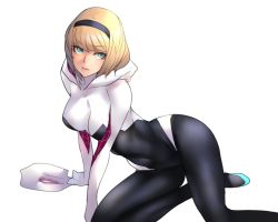 Rule 34 | 1girl, all fours, animification, aqua eyes, ban! (bansankan), blonde hair, bodysuit, breasts, covered navel, expressionless, gloves, green eyes, gwen stacy, hairband, hip focus, hood, hood down, hooded bodysuit, hoodie, looking at viewer, marvel, mask, unworn mask, short hair, simple background, solo, spider-gwen, spider-man (series), spider web print, superhero costume, white background