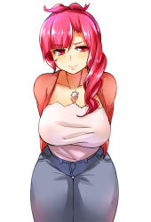 Rule 34 | 1girl, aged up, ahoge, arms behind back, asymmetrical hair, bent over, blush, braid, breasts, cardigan, cleavage, denim, enki (dragonfire), freckles, highres, hina (naso4), huge breasts, jacket, jeans, jewelry, large breasts, leaning forward, long hair, necklace, original, pants, pink eyes, pink hair, ponytail, short hair, side braid, simple background, smile, solo, standing, thigh gap, thighs, white background