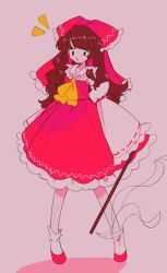 Rule 34 | 1girl, bow, brown hair, detached sleeves, dress, frilled bow, frills, full body, gohei, hair bow, hair tubes, hakurei reimu, long hair, looking at viewer, meowwniz, open mouth, pink background, red bow, red dress, ribbon-trimmed sleeves, ribbon trim, simple background, smile, solo, standing, touhou, wide sleeves, yellow neckwear